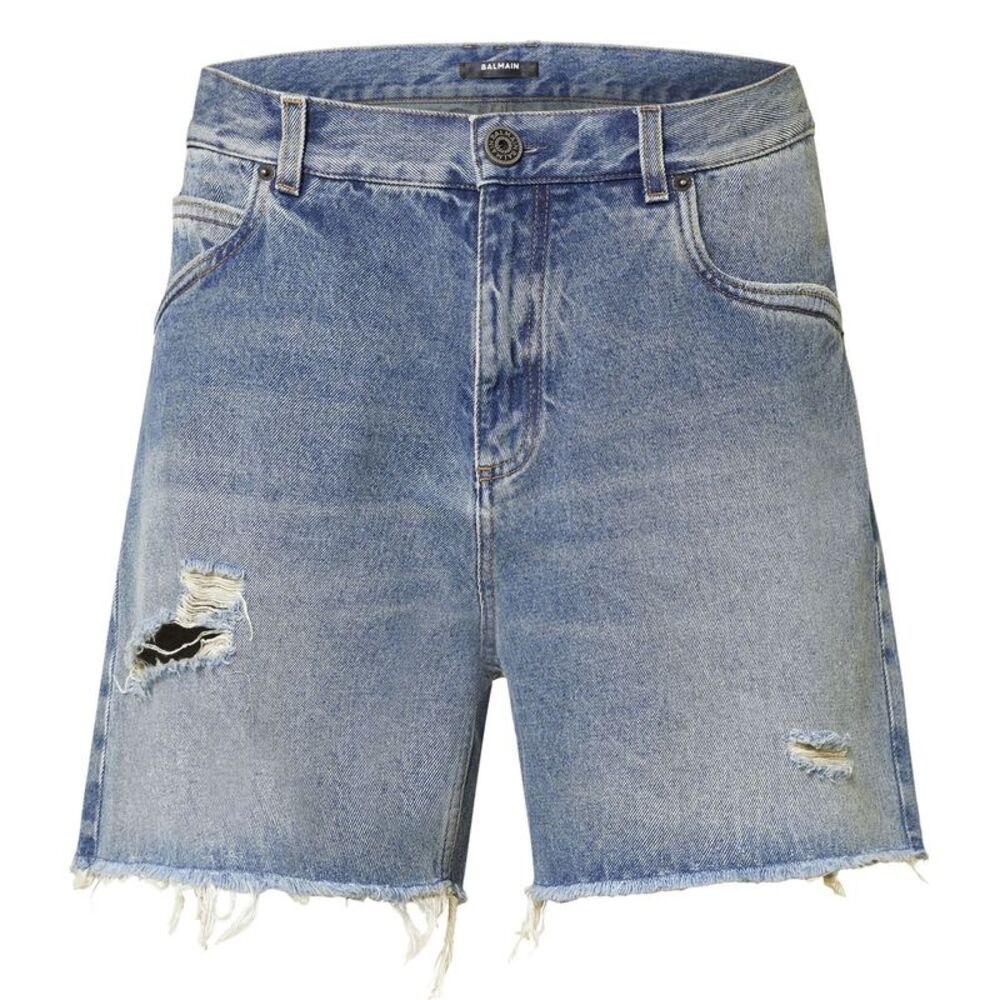 Balmain Mens Logo Embroidered Denim Short 33 Powder Blue - NWT $990
